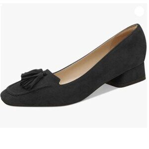 YDN Women Chunky Block Low Heel Loafers Square Toe Tassel Fringed Pumps Black